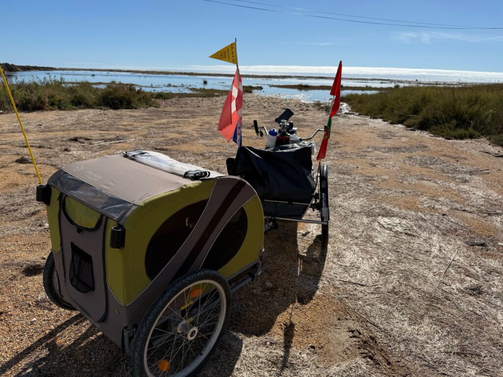 Handbike met aanhanger geparkeerd op een oever met uitzicht over het water