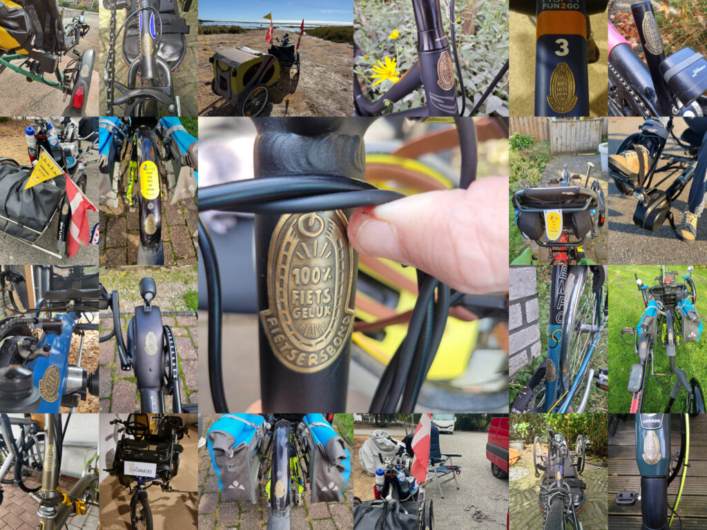 Een verzameling van foto's van aangepaste fietsen van leden van de community Iedereen Mobiel met het 100% fietsgeluk schildje van de fietsersbond.